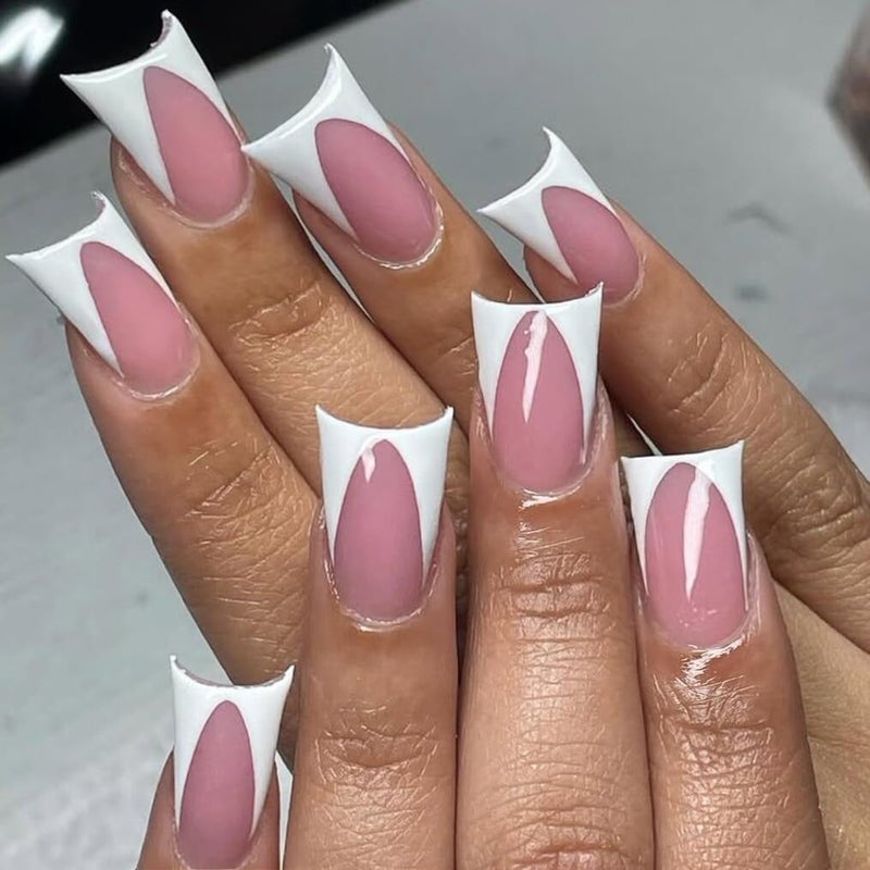 KQueenest White French Tip Press on Nails Medium Long - Duck Press on Nails for Women, Soft Gel Fake Nails Press ons, Natural Reusable Light Pink French Tip Glue on Nails for Women Wedding, 30 Pcs - Image 3